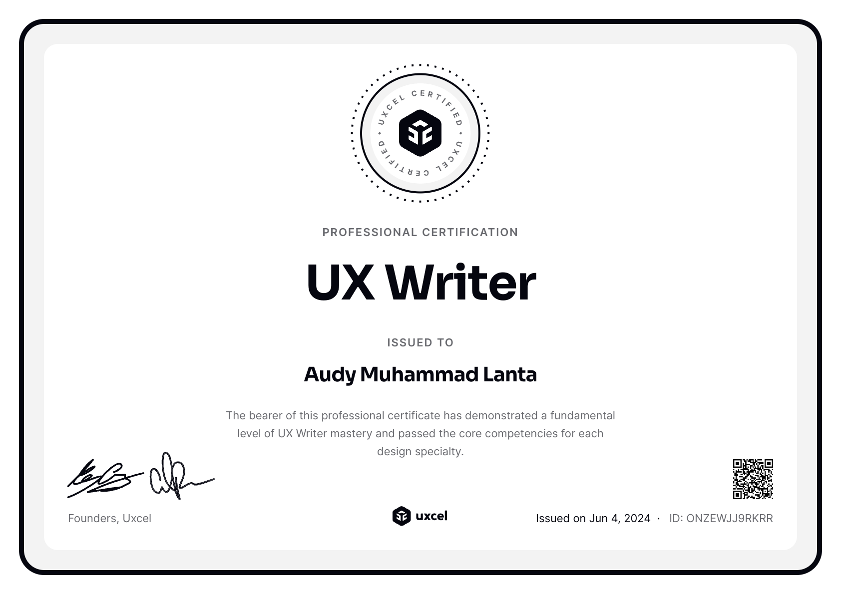 Audy M.'s certificate